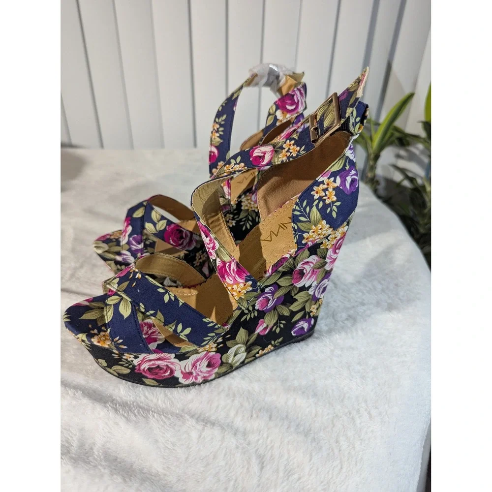 Anna Wedge Sandals Womens 7.5 Navy Floral New Platform Ankle Strap Heels